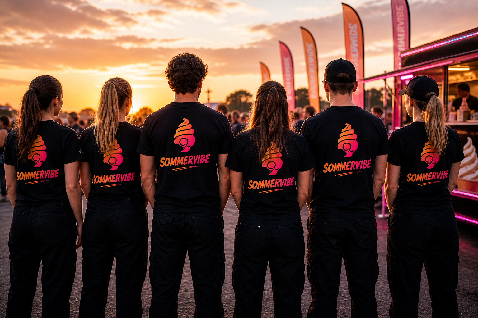 Sommervibe crew foran softisvogn i solnedgang