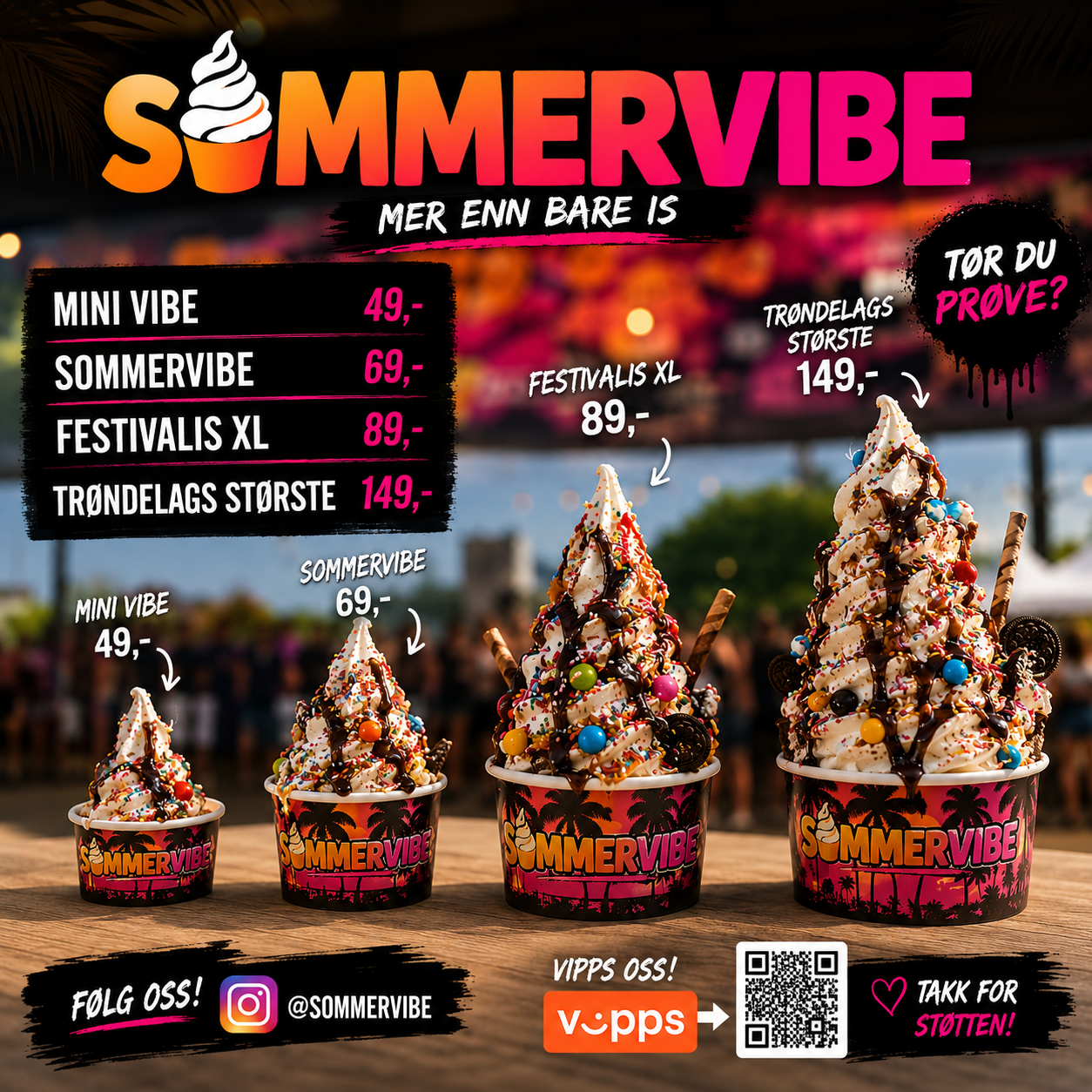 Sommervibe menyplakat med festivalsoftis i flere størrelser